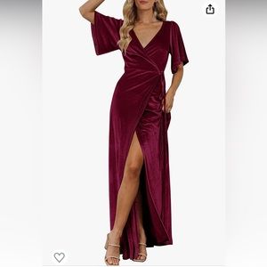 NWOT MEROKEETY Burgundy, velvet V-neck, wrap maxi Bell sleeve dress size M